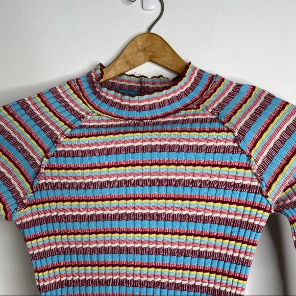 Free People Retro Mirror Blue Striped Mock Neck Ribbed Long Sleeve Crop Top Sz S - Picture 8 of 16